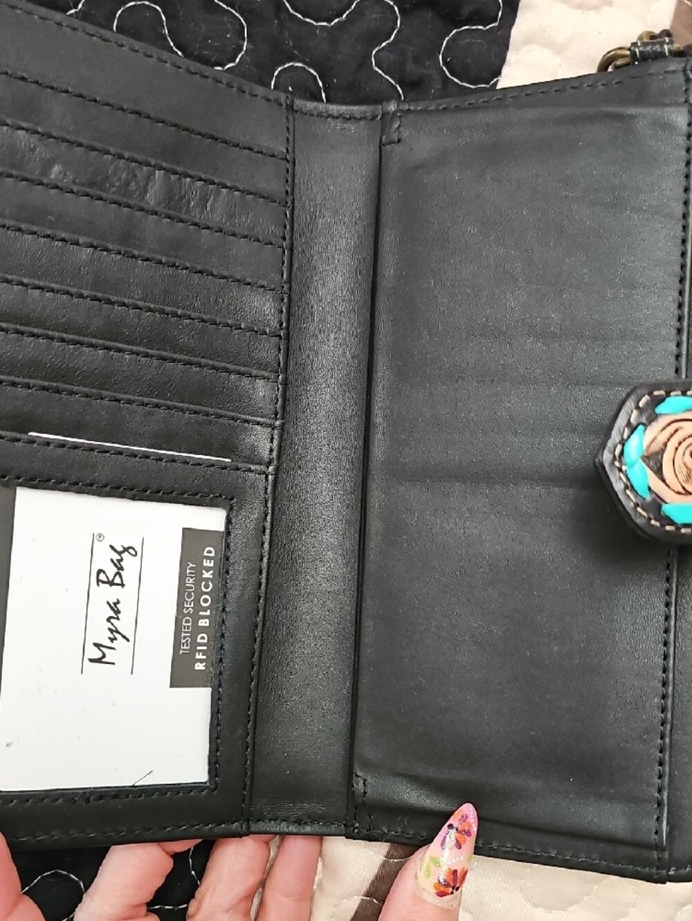 Myra Bag Hand-Tooled Floral Phone Wallet in Black, Turquoise & Yellow - Picture 4 of 7